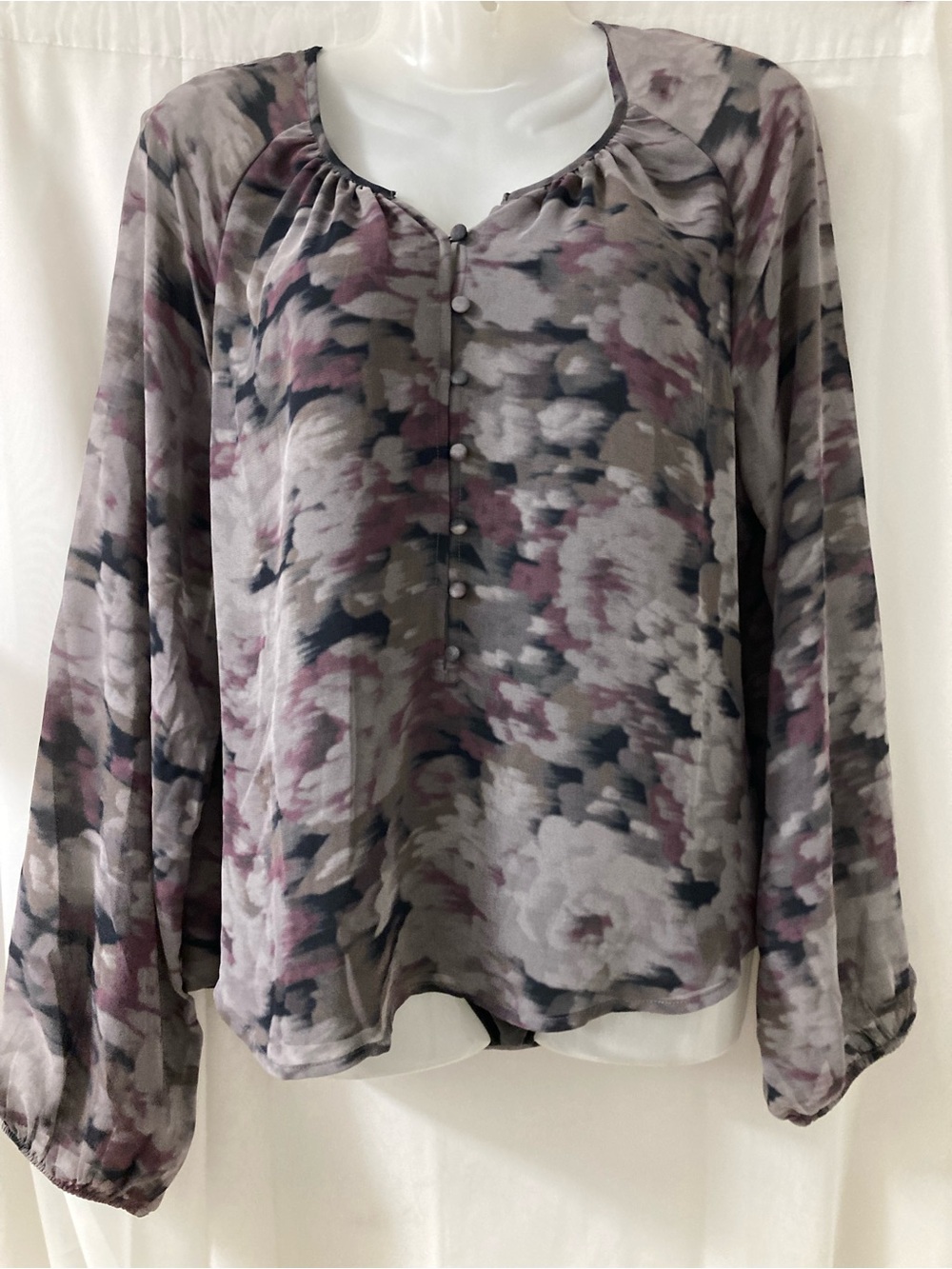 Floral Watercolor Blouse Long Sleeve Sheer Boho Office Top M